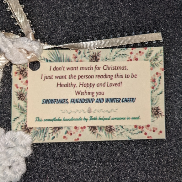 Friendship Snowflake Ornament with Note Card HAND CRAFTED Crochet - Picture 2 of 5